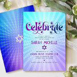 Cartão De Informações Bat Mitzvah Retro Boho Cor Azul Roxo Negrito<br><div class="desc">Tenha orgulho, alegria e mostre este marco do seu Bat Mitzvah favorito! Inclua este retrato de groovy boho, inserção personalizada para obter informações adicionais sobre seu evento. Típica divertida, moderna, arrojada, roxa e azul marinho com a tipografia sans serif moderna sobrepõe-se a um fundo de turquesa pop-luz e de raios...</div>