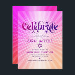 Cartão De Informações Bat Mitzvah Retro Boho Cor-de-Laranja Cor-de-Rosa<br><div class="desc">Tenha orgulho, alegria e mostre este marco do seu Bat Mitzvah favorito! Inclua este retrato de groovy boho, inserção personalizada para obter informações adicionais sobre seu evento. Diversão, tendências, ousada tipografia rosa-quente e roxa escura com a tipografia sans serif moderna sobrepõe-se a um fundo de raios laranja-claro-pop e verde-claro-cor-de-rosa com...</div>
