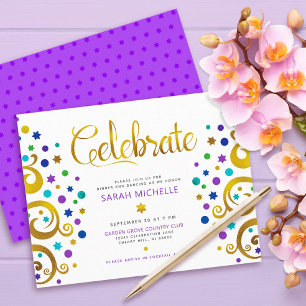 Cartão De Informações Bat Mitzvah Roxo Folha Dourada Árvore da Vida Mode