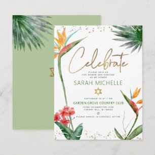 Cartão De Informações Bat Mitzvah Tropical Dourado Script Flora Aquarela