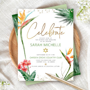 Cartão De Informações Bat Mitzvah Tropical Dourado Script Flora Aquarela