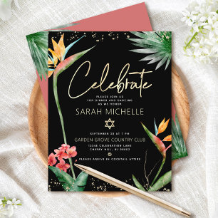 Cartão De Informações Bat Mitzvah Tropical Preto Dourado Floral Aquarela
