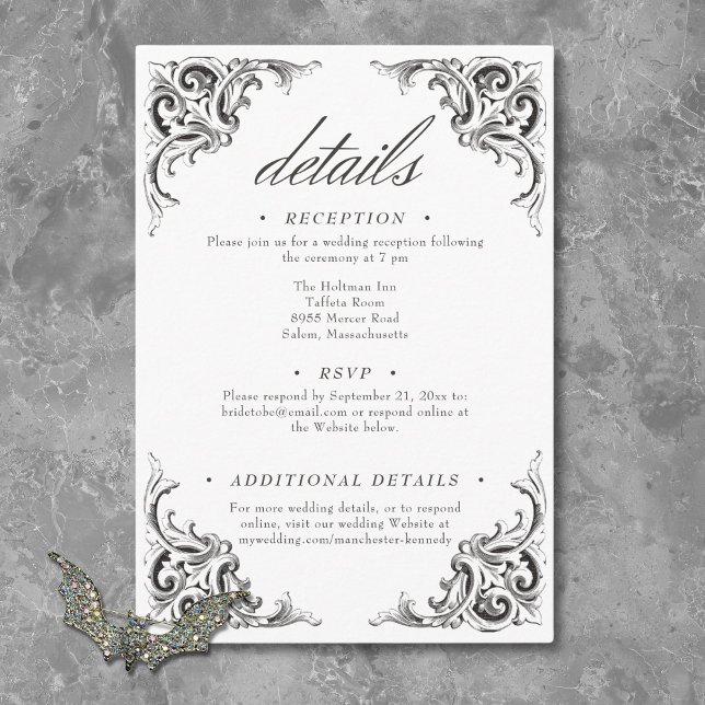Cartão De Informações Bat Vitoriano até Casamento Branco Negro Mortal (Victorian Bat Until Death Black White Wedding Enclosure Card)