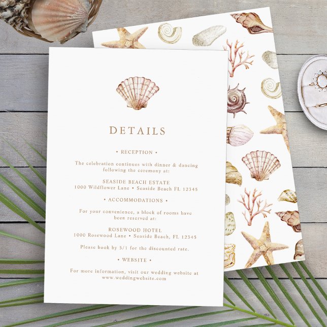 Cartão De Informações Beach Wedding (Simple Beach Watercolor Seashell Wedding Details Enclosure Card by Painted Paperie
)