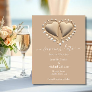 Cartão De Informações Beach Wedding Sand Hearts-Save Our Date