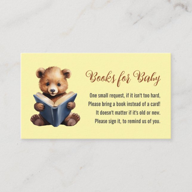 Cartão De Informações Bear Reading Books for Baby Shower Enclosure Card (Frente)