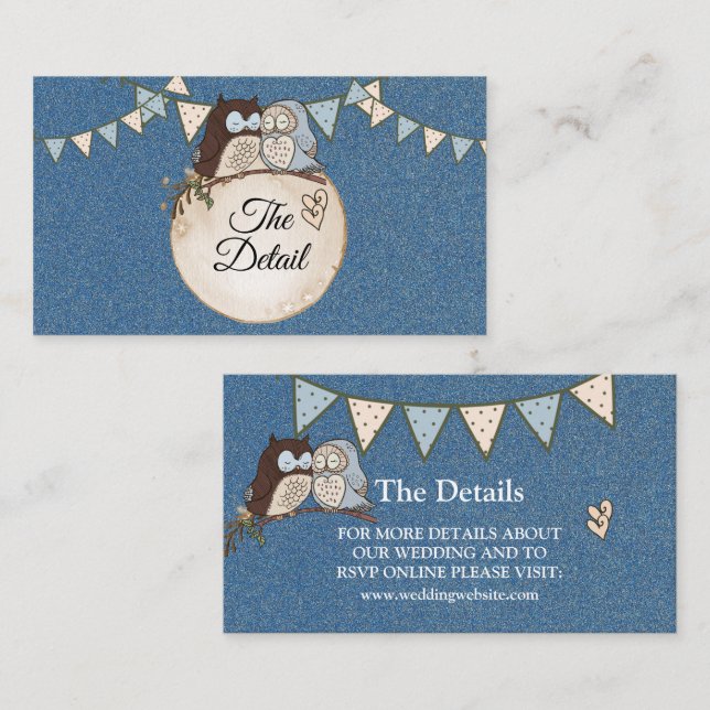 Cartão De Informações Beautiful Wedding Blue Brown Owl Glitter Detail (Frente/Verso)