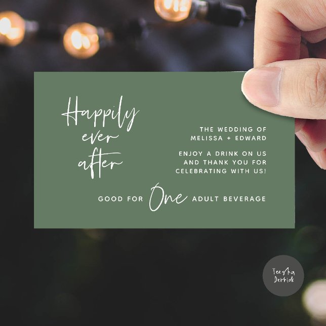 Cartão De Informações Beba Bebida Adulta De Bilhete Feliz Depois (Drink Ticket Adult Beverage Happily Ever After Modern Romantic Party Enclosure Card in Sage Green)