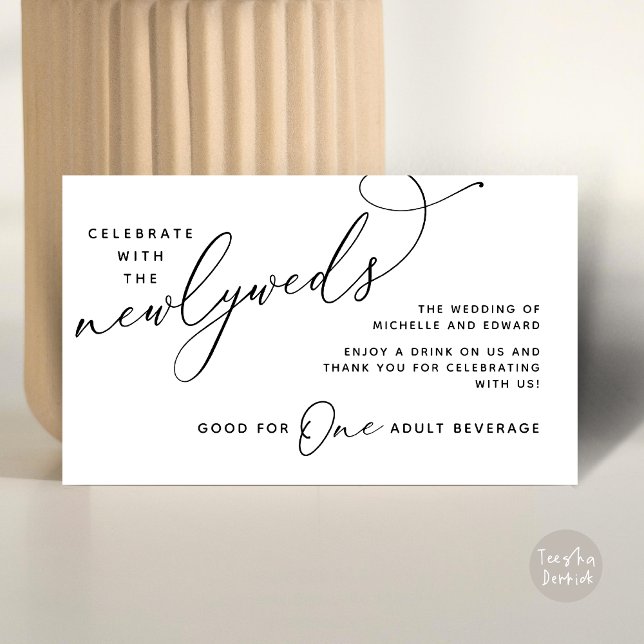 Cartão De Informações Beba Bebida Adulta De Bilhete Feliz Depois (Drink Ticket One Adult Beverage Romantic Wedding Newlyweds Dinner Party Black White)