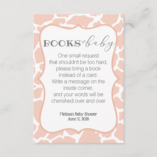 Cartão De Informações Bebê Rosa Girafa Livros para Bebê (Frente)