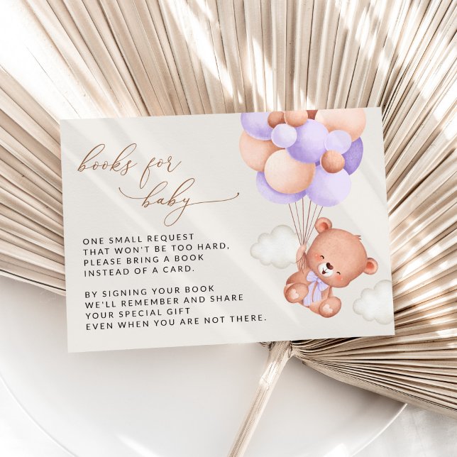 Cartão De Informações Bebê Urso, Balões Roxos, Livros Para Bebê (Criador carregado)
