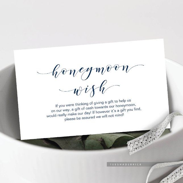 Cartão De Informações Belo Elegante, Desejo de Lua de Mel Azul Marinho e (Wedding Honeymoon Wish Enclosure Card, in Beautiful Elegant, Navy Blue script font)