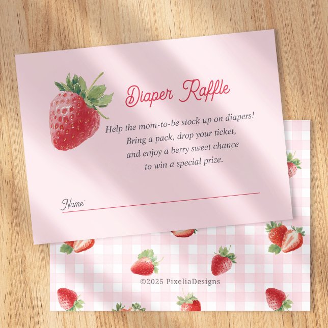 Cartão De Informações Berry Sweet Diaper Raffle Card-Strawberry Themed (Strawberry Themed Diaper Raffle Card. Pink gingham berry sweet baby girl shower.)
