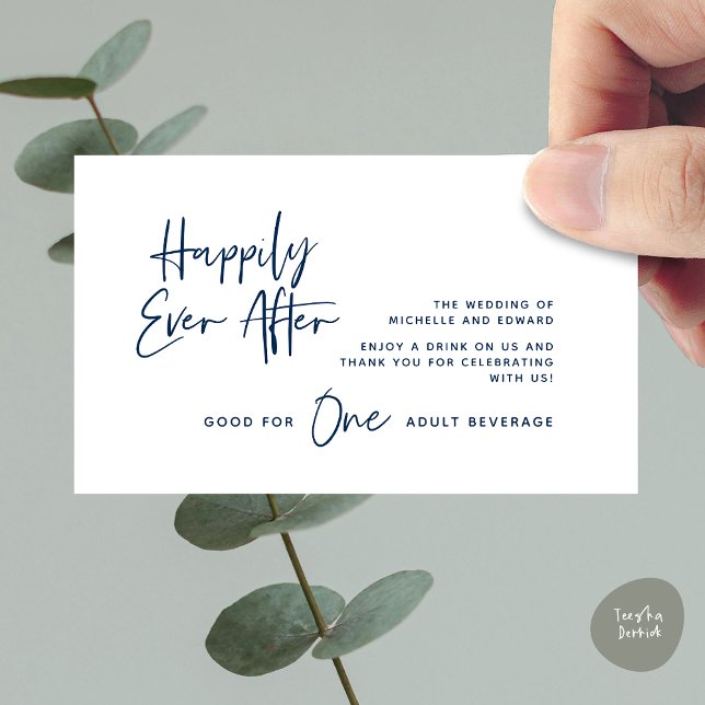 Cartão De Informações Bilhete de Bebida, Bebida Adulta, Feliz para Sempr (Modern Wedding Drink Ticket, Adult Beverage, Happily Ever After Enclosure Card in Navy Blue)