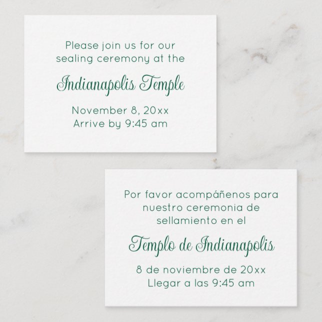 Cartão De Informações Bilingual Green Script Temple Sealing Invitation (Frente/Verso)