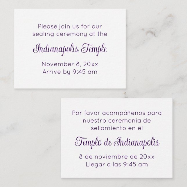 Cartão De Informações Bilingual Purple Script Temple Sealing Invitation (Frente/Verso)