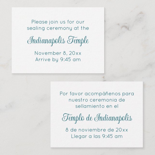 Cartão De Informações Bilingual Teal Script Temple Sealing Invitation (Frente/Verso)