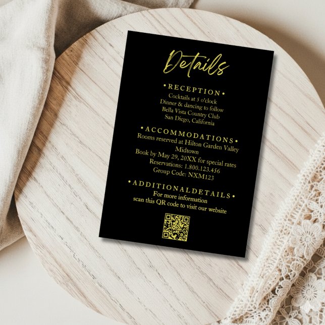 Cartão De Informações Black and Gold Wedding Details Enclosure Card (Criador carregado)
