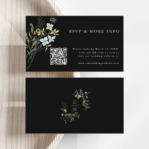 Cartão De Informações Black Delicate Wildflower Modern Boho Wedho RSVP