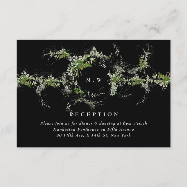 Cartão De Informações Black Formal Eucalyptus Wreath Monogram Wedding (Frente)