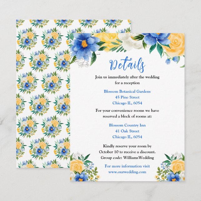 Cartão De Informações Blue and Yellow Floral Wedding Details (Frente/Verso)