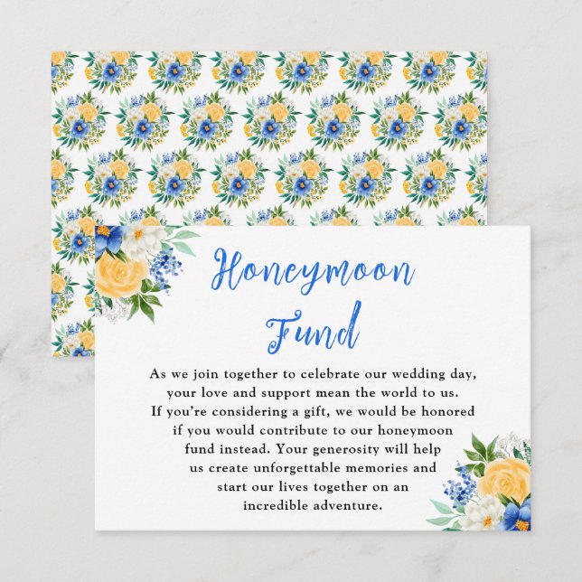 Cartão De Informações Blue and Yellow Floral Wedding Honeymoon Fund (Frente/Verso)