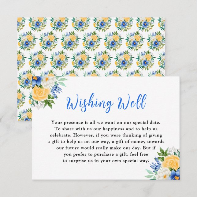 Cartão De Informações Blue and Yellow Floral Wedding Wishing Well (Frente/Verso)