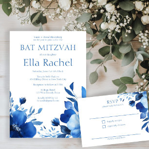 Cartão De Informações Blue Blooms Watercolor BAT MITZVAH PERSONALIZADO R