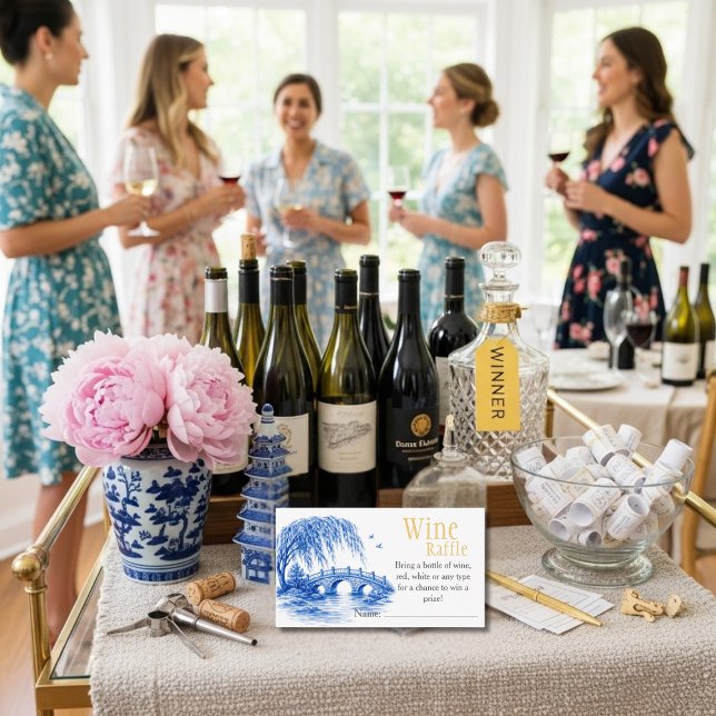Cartão De Informações Blue Chinoiserie Bridge Wine Raffle Bridal Shower  (Blue Chinoiserie Bridge Wine Raffle Bridal Shower Enclosure Card)
