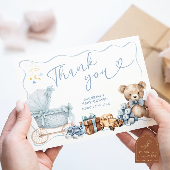 Cartão De Informações Blue Coquette Carriage Baby Shower Thank You Card (Criador carregado)