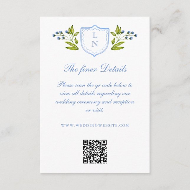 Cartão De Informações Blue Floral Crest Wedding Details QR Code (Frente)