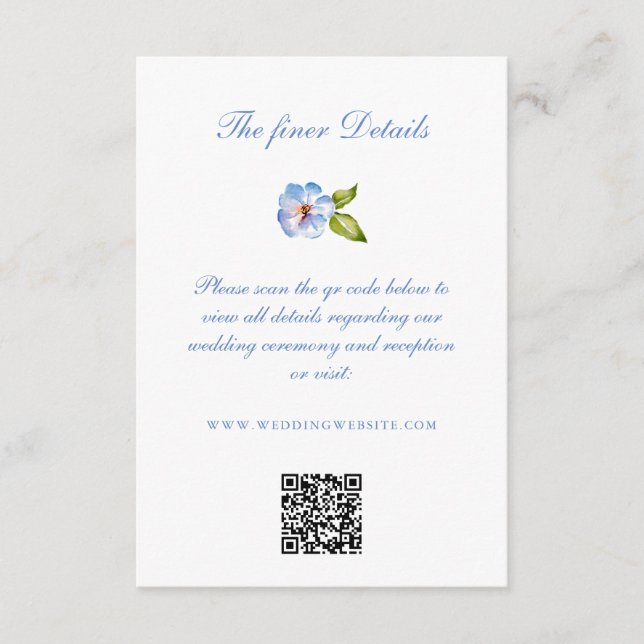 Cartão De Informações Blue Floral Crest Wedding Details QR Code (Frente)