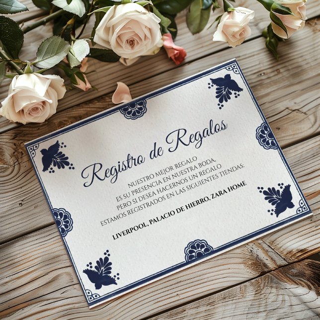 Cartão De Informações Blue Floral Otomi Simple Fiesta Spanish Wedding (Blue Floral Otomi Simple Fiesta Spanish Wedding Enclosure Card)