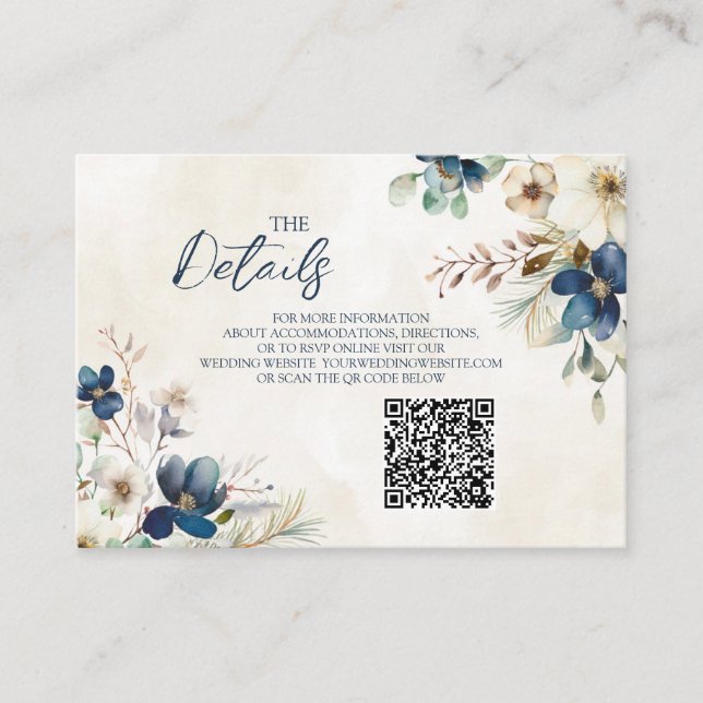 Cartão De Informações Blue Floral Winter Wedding QR code Details Insert (Frente)