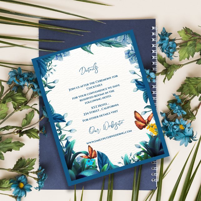 Cartão De Informações Blue Green Botanical Butterfly Wedding Details (Blue Green Botanical Butterfly Wedding Details Enclosure Card)