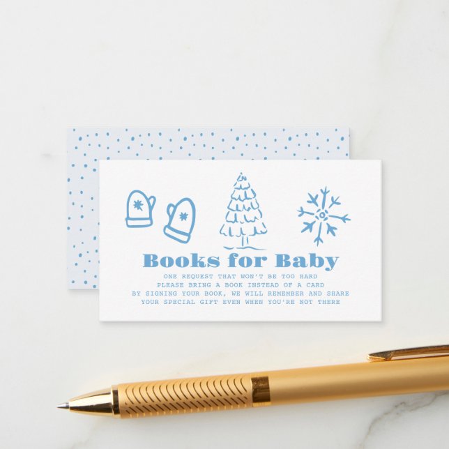 Cartão De Informações Blue Hand-Drawn Winter Baby Shower Book Request (Frente/Verso In Situ)