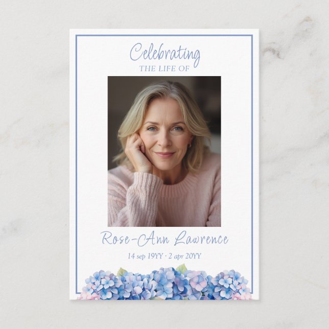 Cartão De Informações Blue Hydrangea Funeral Memorial Prayer Card (Frente)