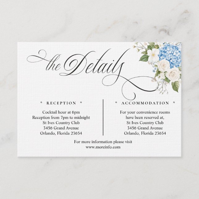 Cartão De Informações Blue Hygrangea Script Details Enclosure Card (Frente)