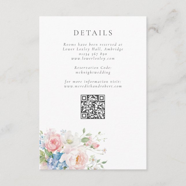Cartão De Informações Blue & Pink Pastel Floral QR Wedding Details (Frente)