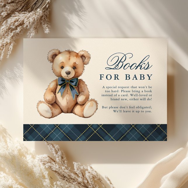 Cartão De Informações Blue Plaid Bear Baby Shower Books For Baby (Criador carregado)