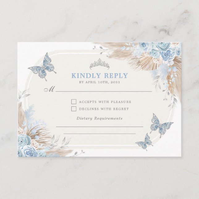 Cartão De Informações Blue Silver Quinceanera Mis Quince 15 Anos RSVP (Frente)