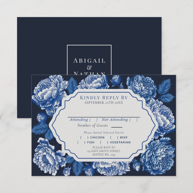 Cartão De Informações Blue Toile De Jouy Peony Casamento RSVP (Frente/Verso)