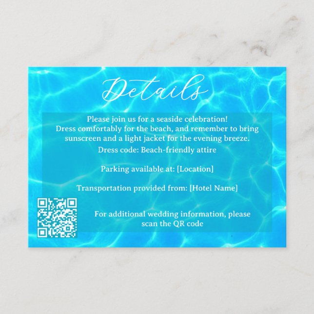 Cartão De Informações Blue Water Beach & Destination Wedding Ocean Theme (Frente)