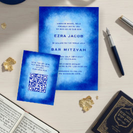 Cartão De Informações Blue Watercolor Custom QR Code Bar Bat Mitzvah