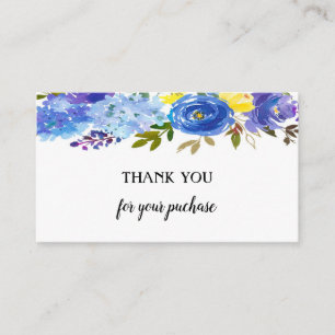 Cartão De Informações Blue Watercolor Floral Obrigado Pela Sua Compra