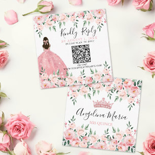 Cartão De Informações Blush Floral cor-de-rosa Quinceanera Código QR RSV