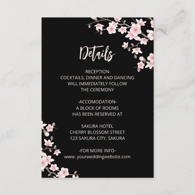 Cartão De Informações Blush Pink Cherry Blossoms Black Wedding Details (Frente)