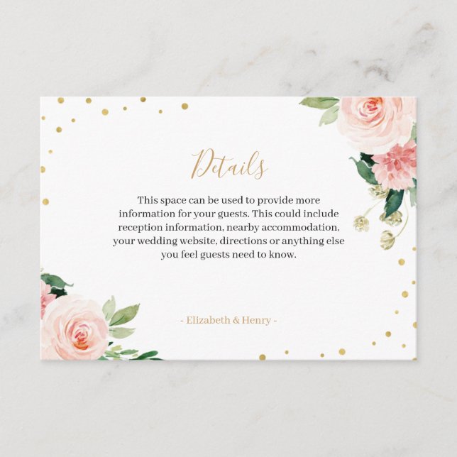 Cartão De Informações Blush pink gold floral peony wedding details card (Frente)