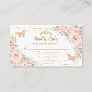 Cartão De Informações Blush Rosa Floral Borboletas Quinceañera RSVP
