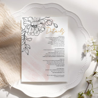 Cartão De Informações Blush Watercolor & Black Floral Elegant Details